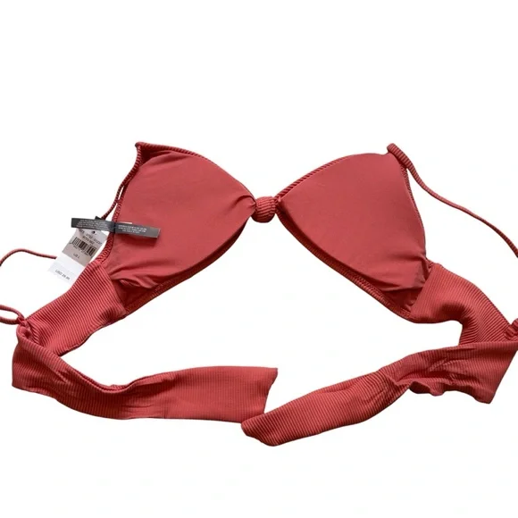 NWT, Aerie Coral Ribbed Padded Knot Front Tie Back Padded Bikini Top, Sz L - Picture 4 of 12